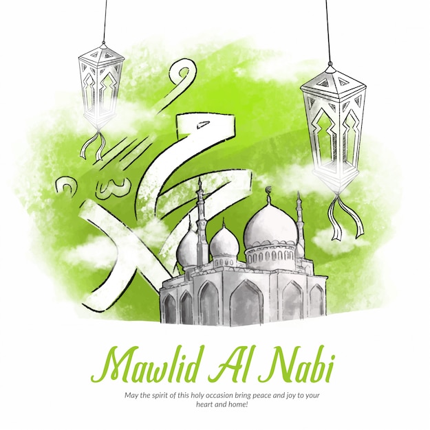 Hand drawn illustration of mawlid al nabi celebration. Premium Vector