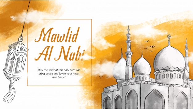 Hand drawn illustration of mawlid al nabi celebration. Premium Vector