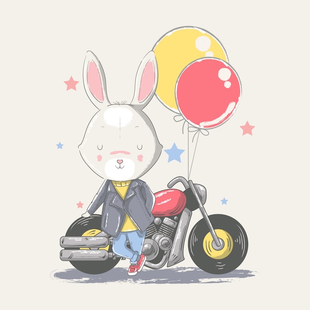 バイクでかわいい赤ちゃんバニーの描き下ろしイラストを手します プレミアムベクター