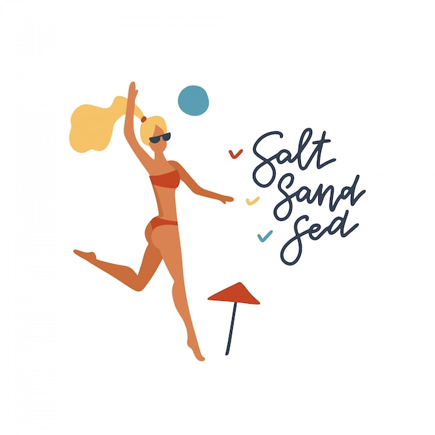 引用塩砂海とビーチバレーボールをして幸せな女の描き下ろしイラストを手します プレミアムベクター