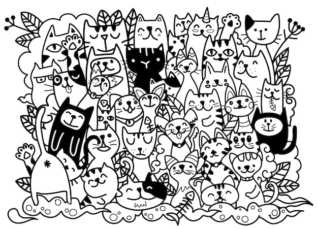 猫のキャラクターの手描きイラスト スケッチスタイル いたずら書き プレミアムベクター