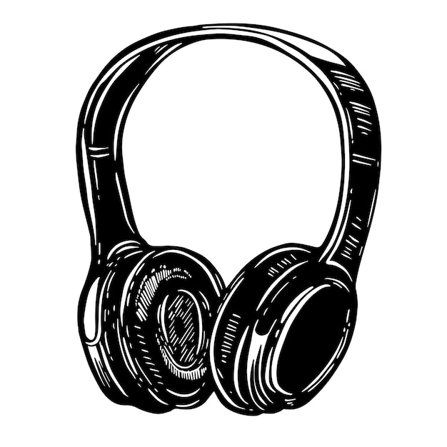 白い背景の上のヘッドフォンの手描きイラスト ロゴ ラベル エンブレム サイン ポスター Tシャツの要素 画像 プレミアムベクター
