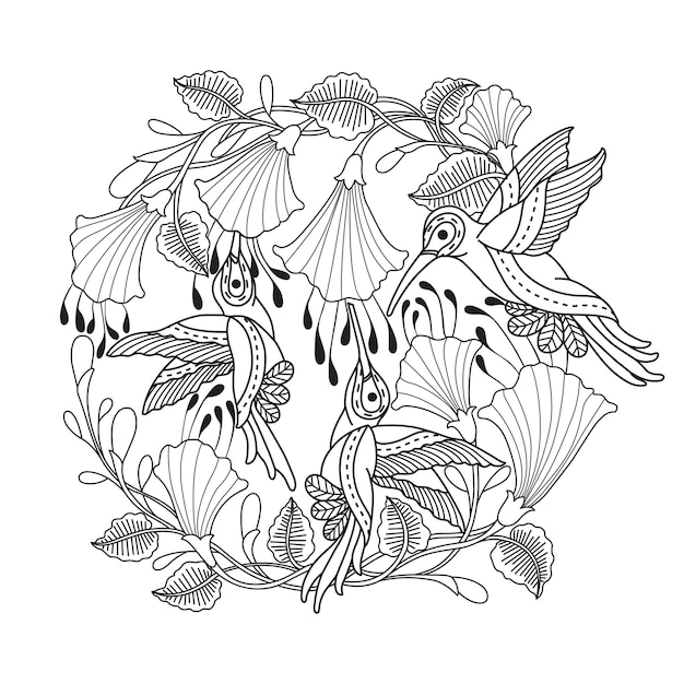 Zentangleスタイルのハチドリの手描きのイラスト プレミアムベクター