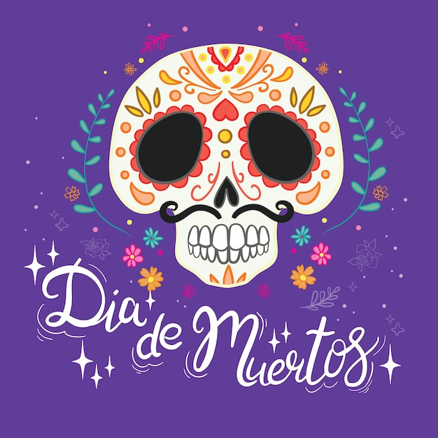 メキシコの休日 死者の日 の手描きイラスト 伝統的なシュガースカル マリーゴールドの花とキャンドル Dia De Muertos のレタリングが入ったポストカード プレミアムベクター