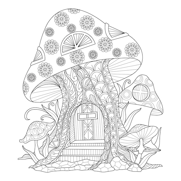 キノコの家の手描きのイラスト プレミアムベクター