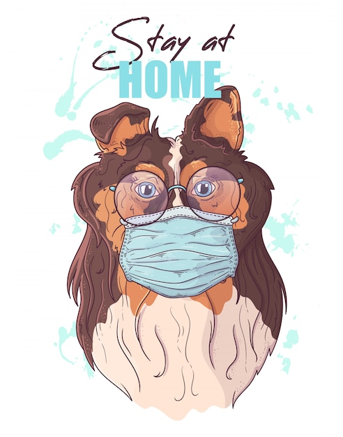 医療マスクでかわいい犬の描き下ろしイラストを手します プレミアムベクター