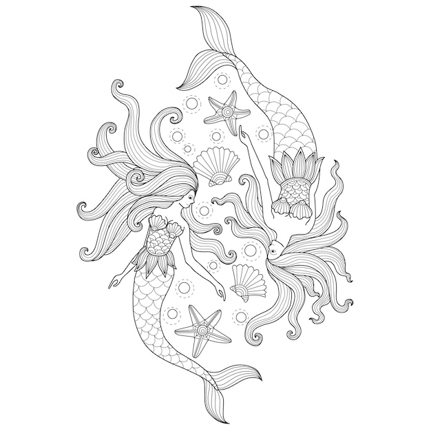 Zentangleスタイルの2人の人魚の手描きのイラスト プレミアムベクター