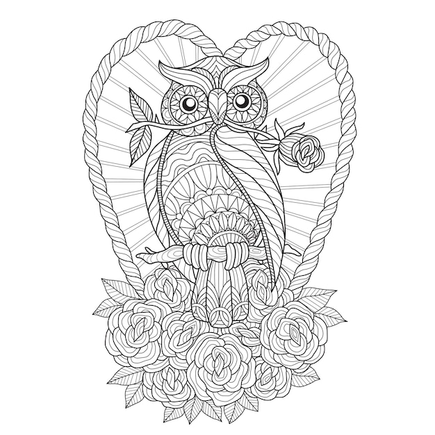 Premium Vector | Hand drawn illustration of owl and roses in zentangle ...