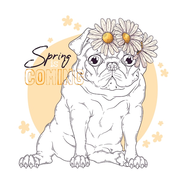 Premium Vector | Hand drawn illustration of the pug dog with flowers