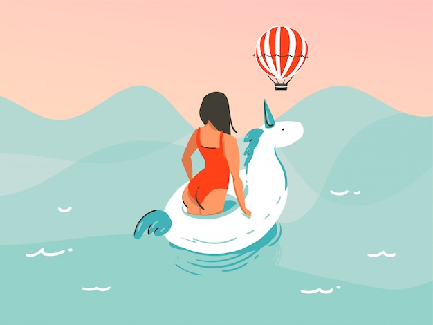 プレミアムベクター 海の波背景にユニコーンゴムリングで泳ぐ水着の女の子と手描きイラスト