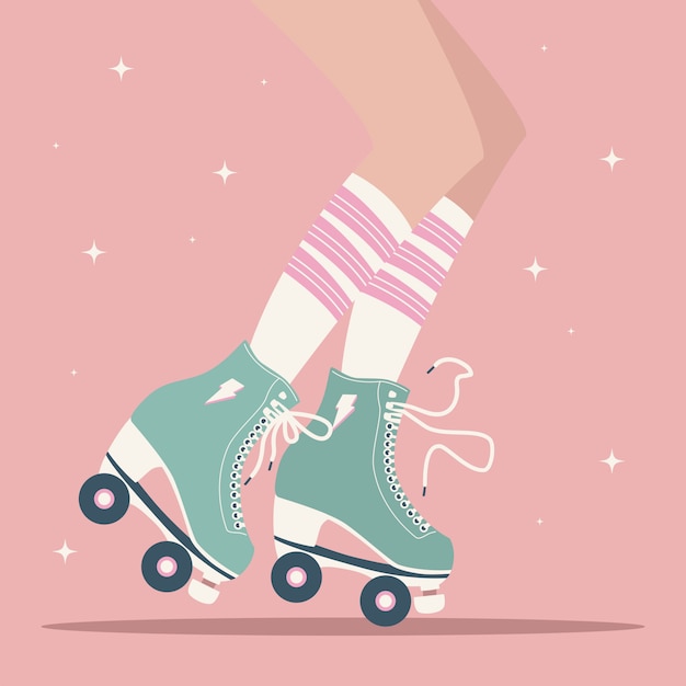 女性の脚とチューブソックスとレトロなローラースケートで描かれたイラストを手します プレミアムベクター