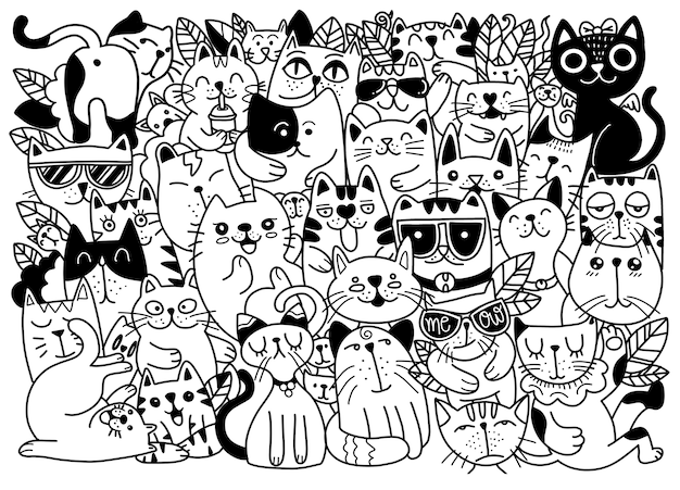 猫のキャラクターの手描きイラスト スケッチスタイル 落書き さまざまな種類の猫 子供向けのイラスト 塗り絵のイラスト それぞれ別のレイヤーに プレミアムベクター