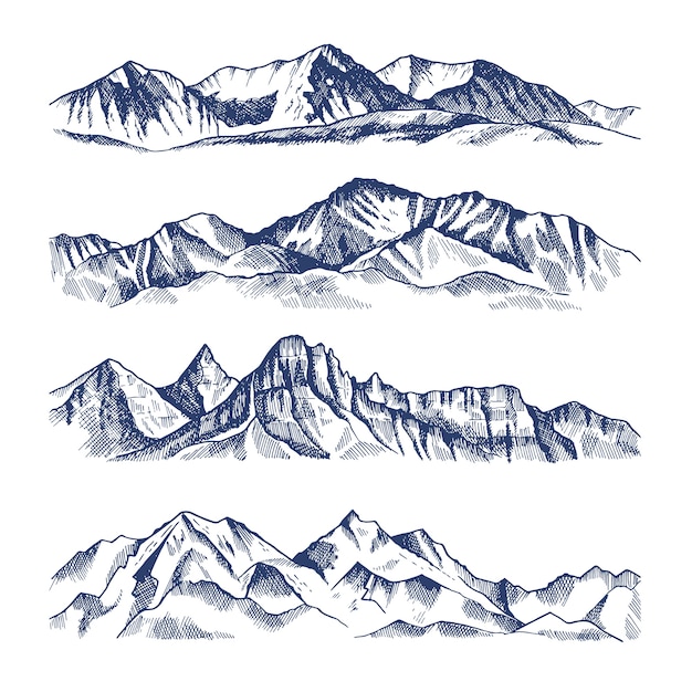 さまざまな山の風景の手描きイラスト 山の旅 岩の頂上 高地の範囲 プレミアムベクター