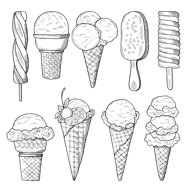 アイスクリームの手描きイラストセット ベクタースケッチ プレミアムベクター