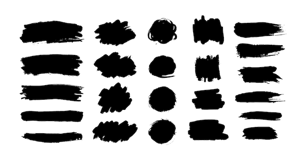 手描きのインクブラシストローク ブラックペイントスポットセット 汚れたペンキの塊と芸術的な描き方 グランジテクスチャの落書き 汚れの形とシルエット プレミアムベクター