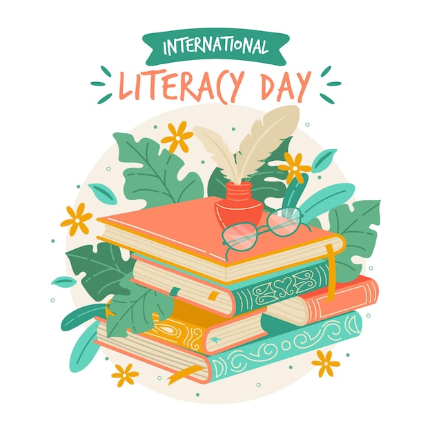 Hand drawn international literacy day background with books | Free Vector