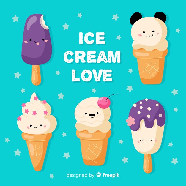 Hand drawn kawaii ice cream characters set Free Vector