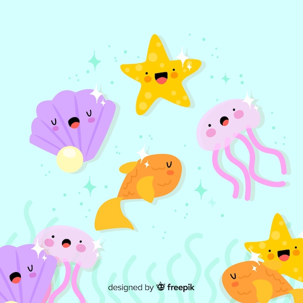 Hand drawn kawaii sea animal collection Vector | Free Download