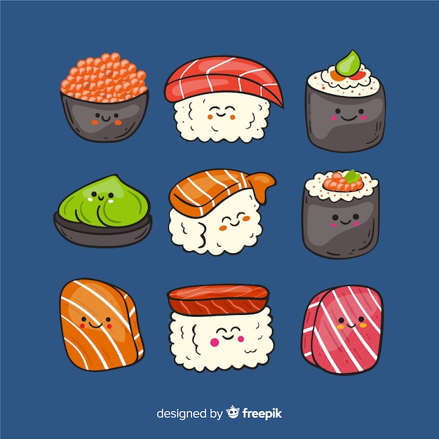 Premium Vector Hand Drawn Kawaii Sushi Collection