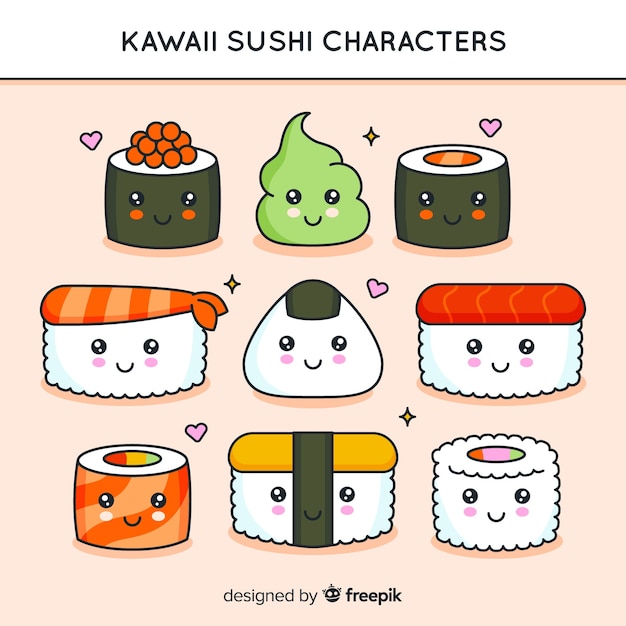 Hand Drawn Kawaii Sushi Pack Free Vector