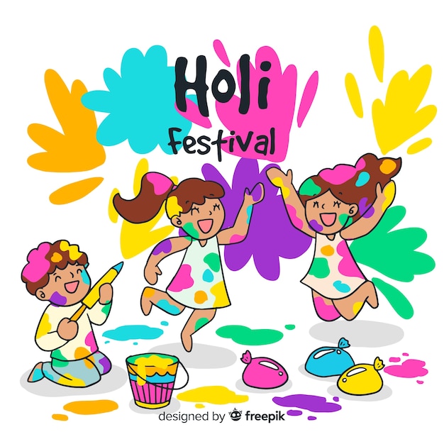 Free Vector Hand Drawn Kids Holi Festival Background Kids drawing happy family picture. hand drawn kids holi festival background
