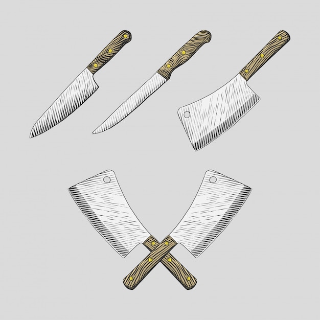 Hand drawn kitchen knives set illustrations Premium Vector