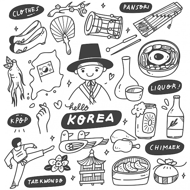 Premium Vector Hand drawn korea doodle set