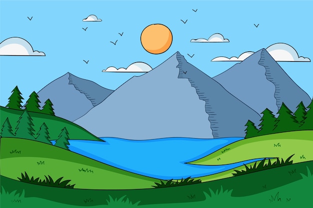 Premium Vector | Hand drawn lake scenery