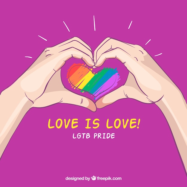 Hand drawn lgtb pride background with hands around heart Free Vector