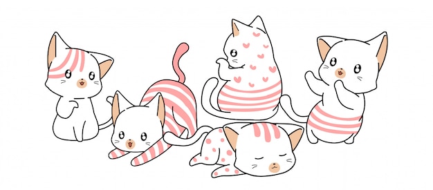 手描きの素敵な白とピンクの猫キャラクター プレミアムベクター