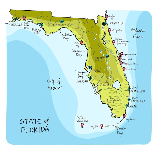 Hand drawn map of florida with main cities. Vector Premium Download