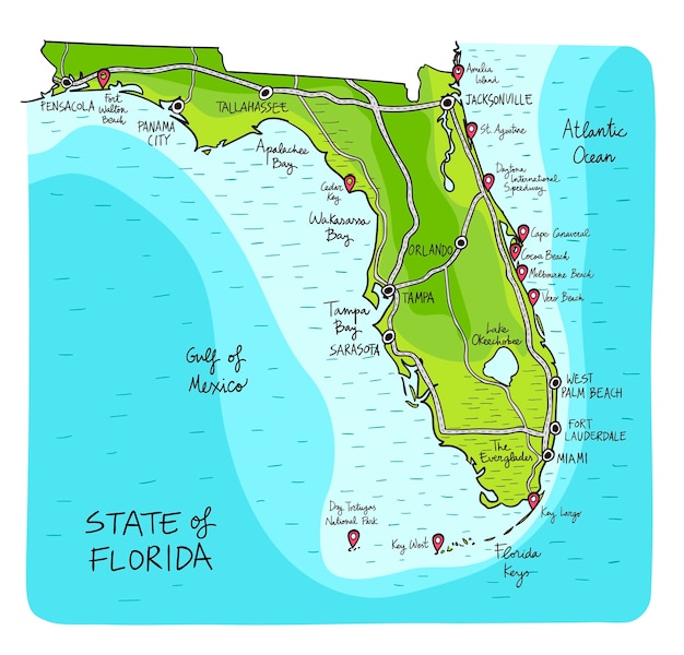 Hand drawn map of florida with main cities. Premium Vector