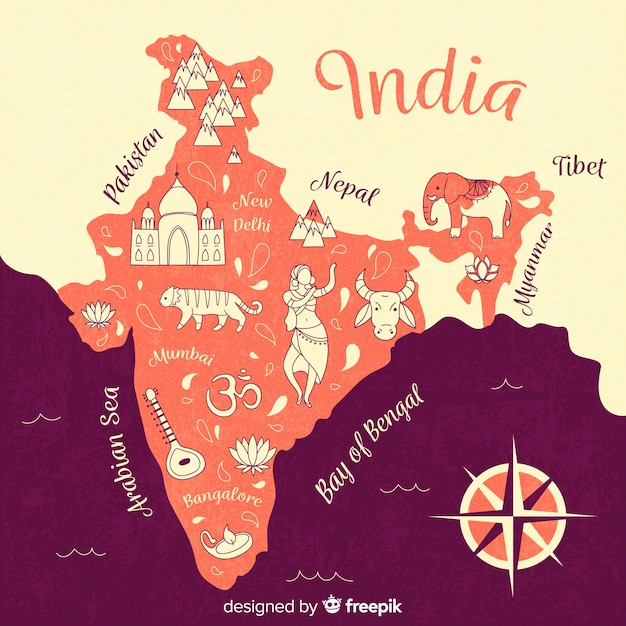 インドの手描き地図 無料のベクター