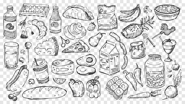 手描きの食事落書きセット 透明な背景にさまざまな食品の種類の果物や野菜の鉛筆画やチョーク画のスケッチのコレクション 健康的な栄養とジャンクフードの イラスト プレミアムベクター