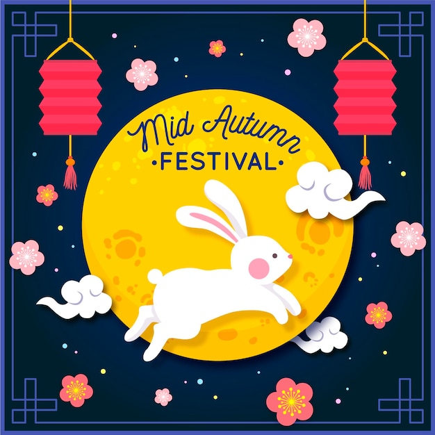 Hand drawn mid-autumn festival with bunny and moon | Free Vector