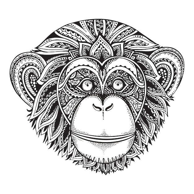プレミアムベクター 手描きの華やかなzentagleチンパンジー猿の白黒イラスト