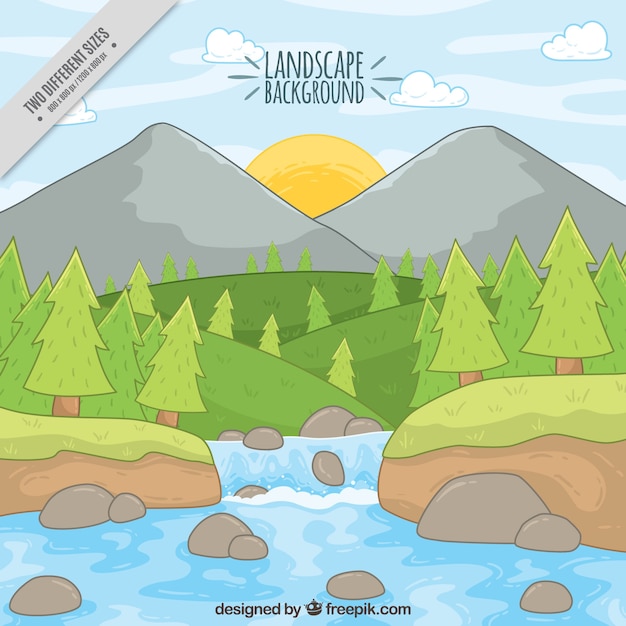 Hand drawn mountainous landscape background\
with river