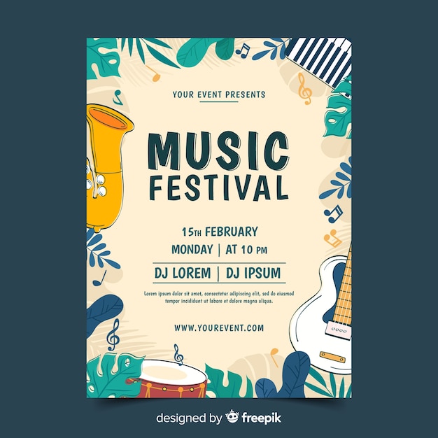 Hand drawn music festival poster template Vector Free Download