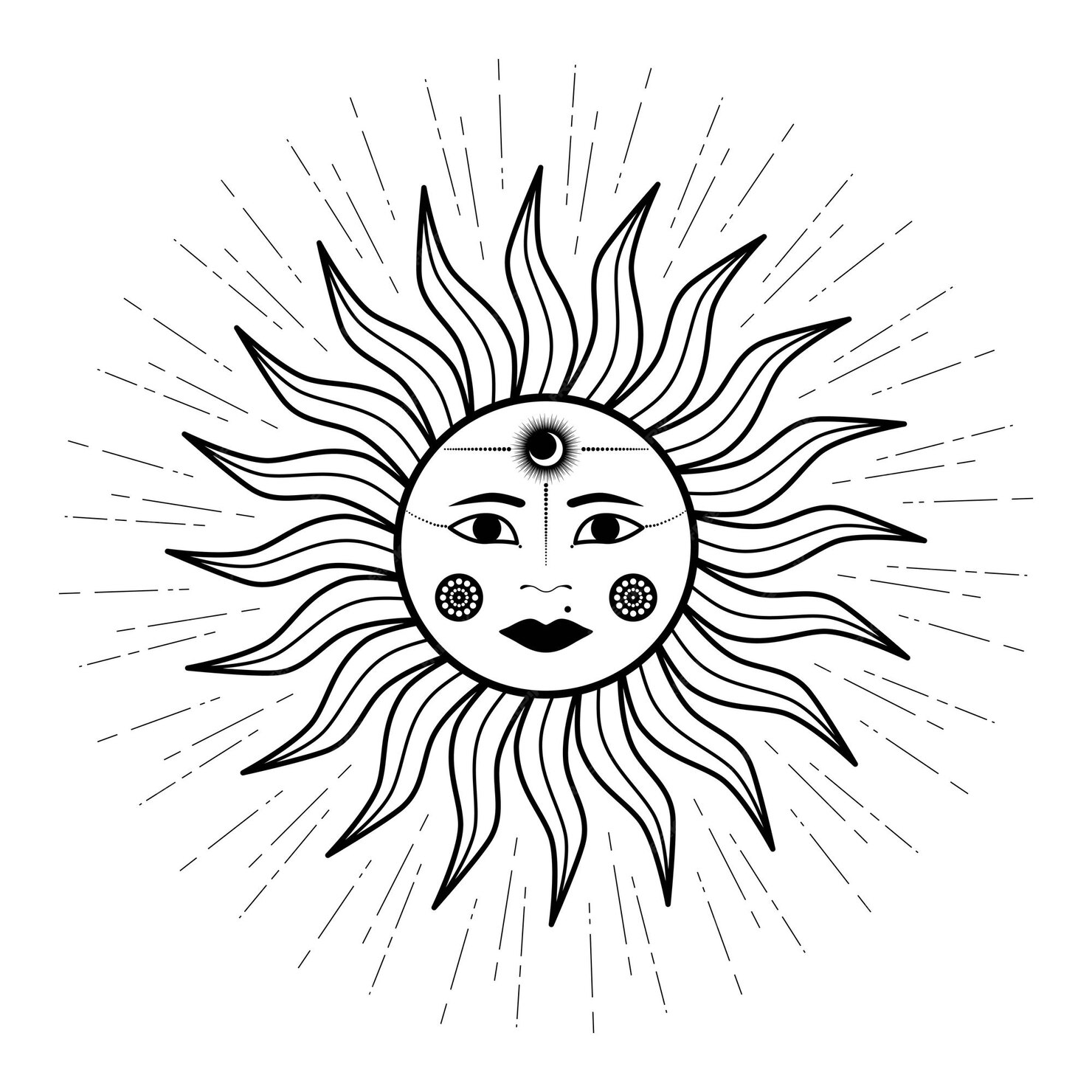 Premium Vector | Hand drawn mystical sun with woman face, moon in line ...