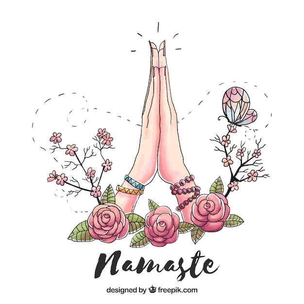 Hand drawn namaste gesture and roses Free Vector