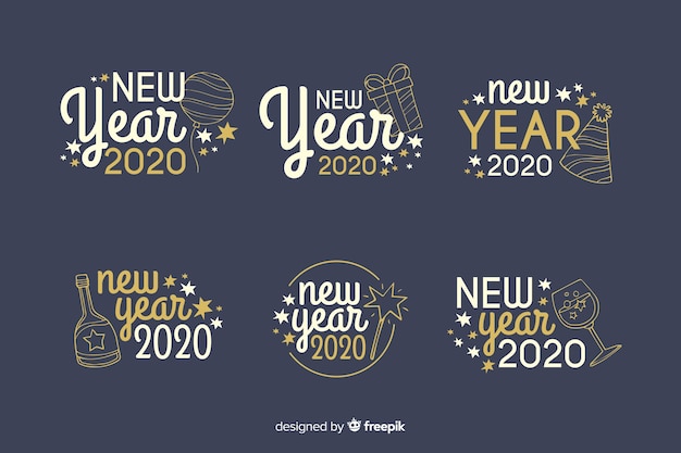 Hand drawn new year 2020 badge collection Free Vector