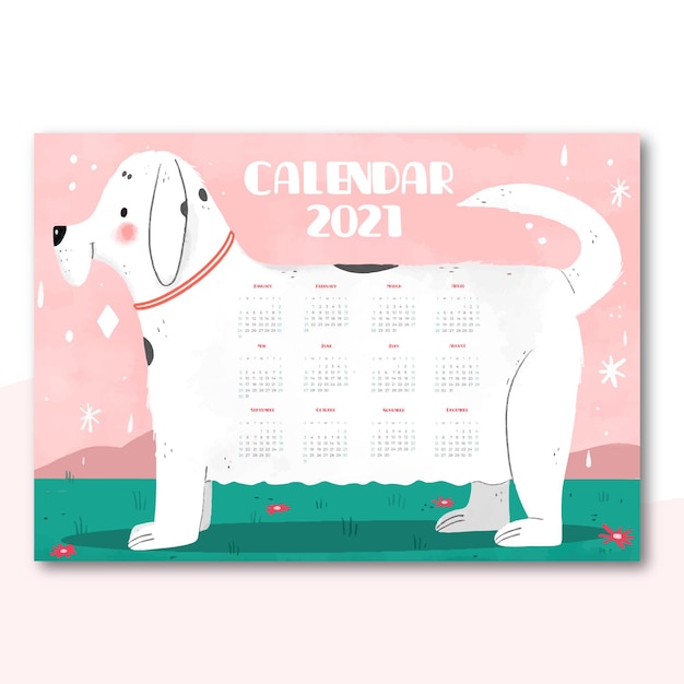 犬と手描きの新年21年カレンダー 無料のベクター