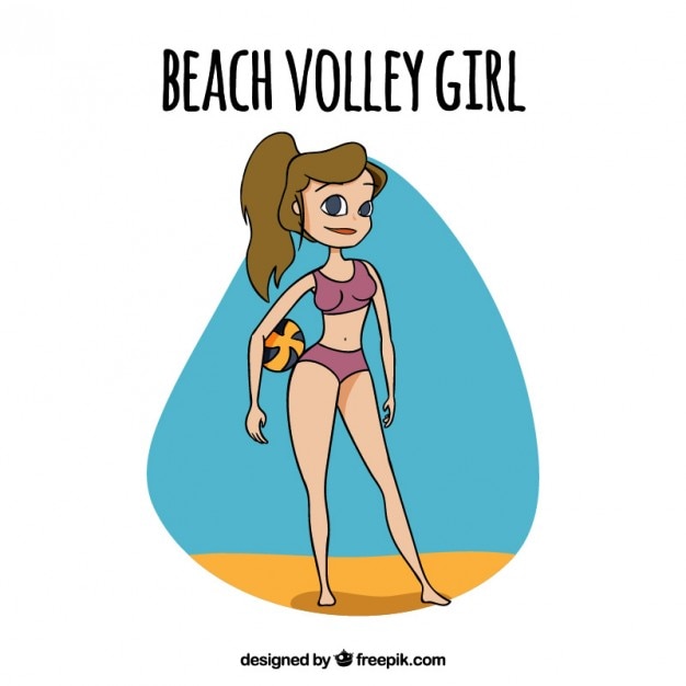 Hand drawn nice girl on the beach playing
volleyball