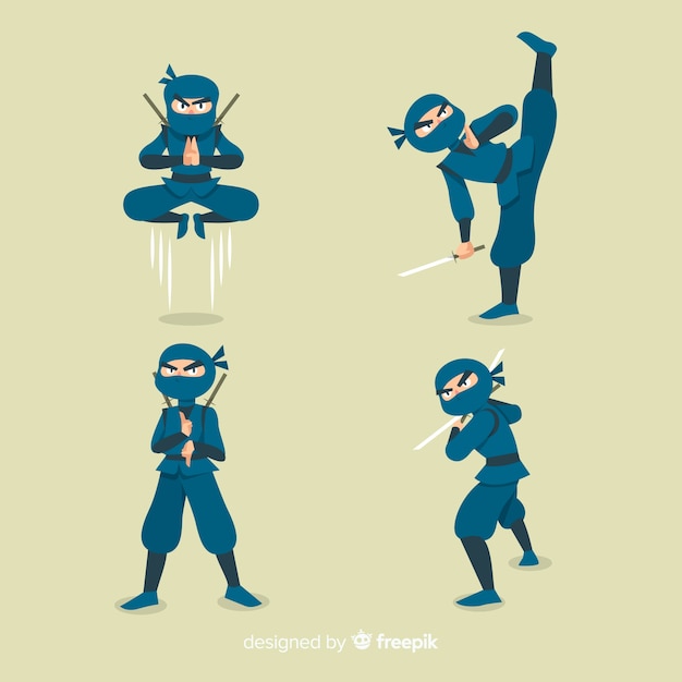 Hand drawn ninja character in different poses | Free Vector