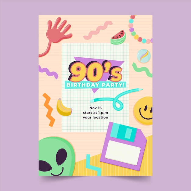 Free Vector | Hand drawn nostalgic 90's birthday invitation template