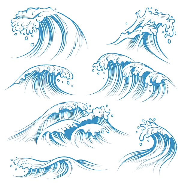 Premium Vector Hand Drawn Ocean Waves Sketch Sea Waves Tide Splash Hand Drawn Surfing Storm Wind Water Doodle Vintage Elements