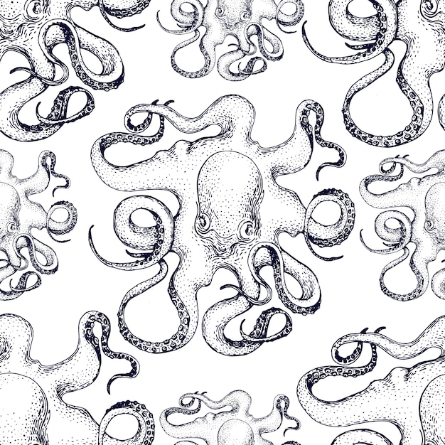 Hand drawn octopus vector seamless pattern. retro illustration Premium Vector