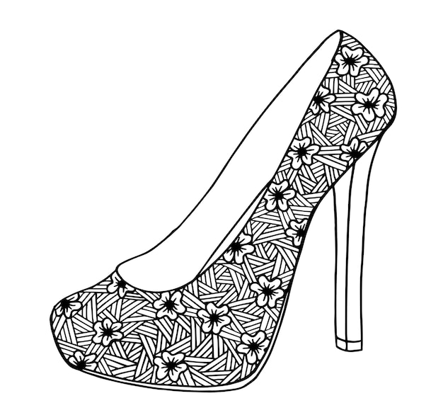 Hand drawn outline ornamental high heel shoe illustration