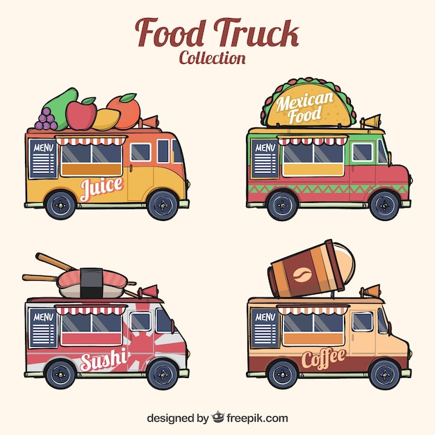 Hand drawn pack of modern food trucks | Free Vector