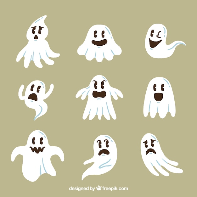 Hand drawn pack of funny ghosts Vector Free Download